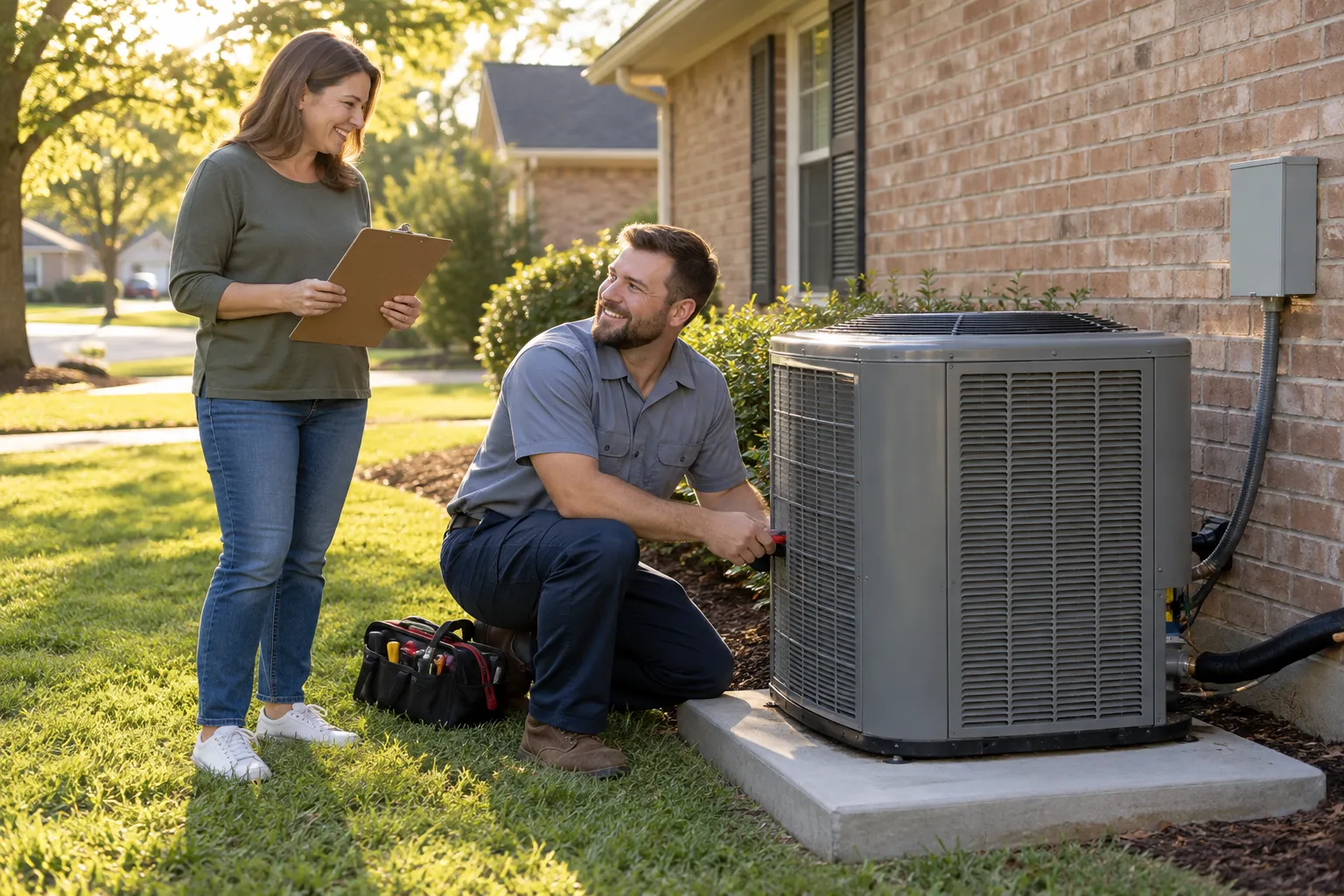 A local provider and a homeowner talking beside a new outdoor AC unit at a house in Warren