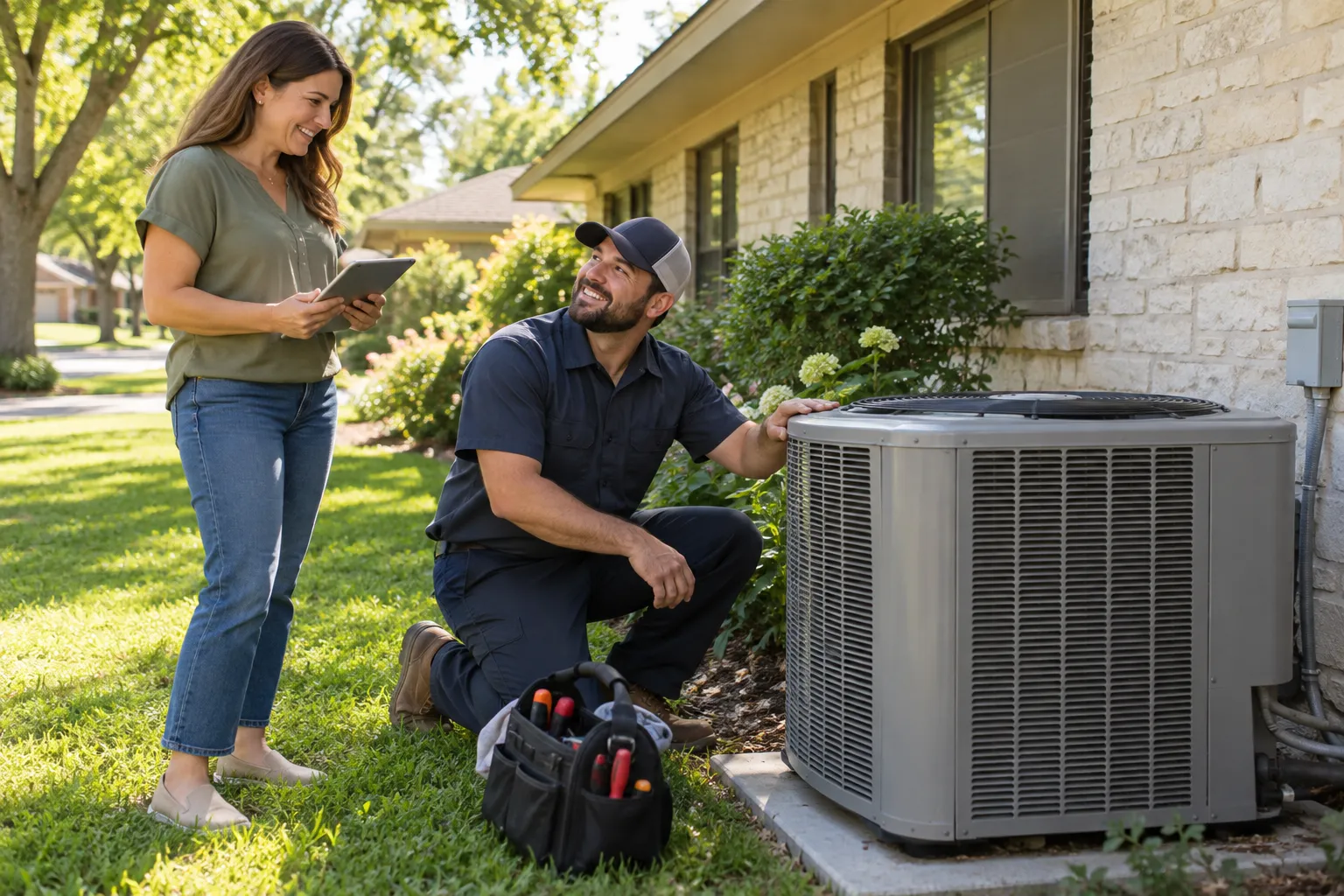 A local HVAC provider checking an outdoor air conditioner beside a home in the Warren area while a homeowner looks on