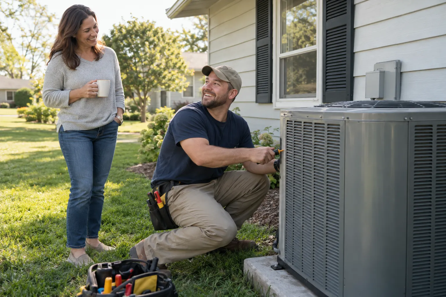 A friendly HVAC provider talking with a homeowner beside a central air unit outside a Warren home