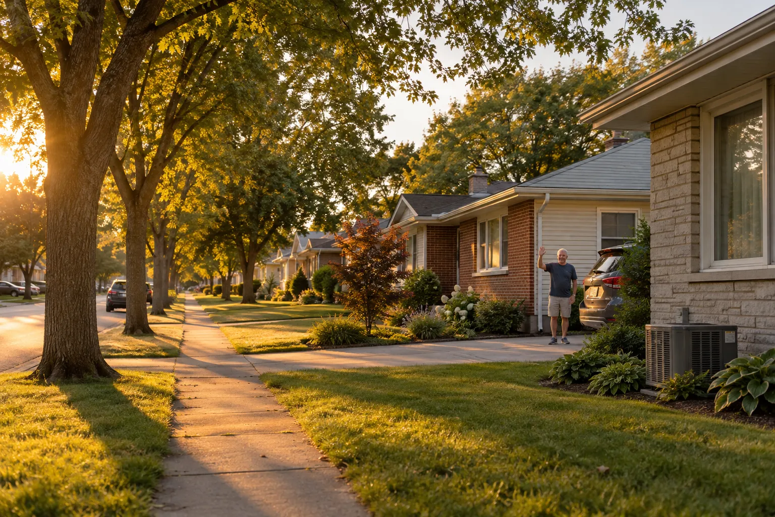 A quiet street of bungalows and ranch homes in Warren under a clear sky